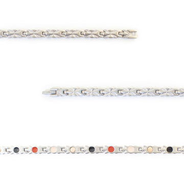 Close-up of Flight negative ion bracelet links with matte stainless steel to show detail.